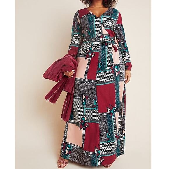 Anthropologie Porridge Long Sleeve Patchwork Wrap Maxi Dress Women's Size 1X - Picture 1 of 13
